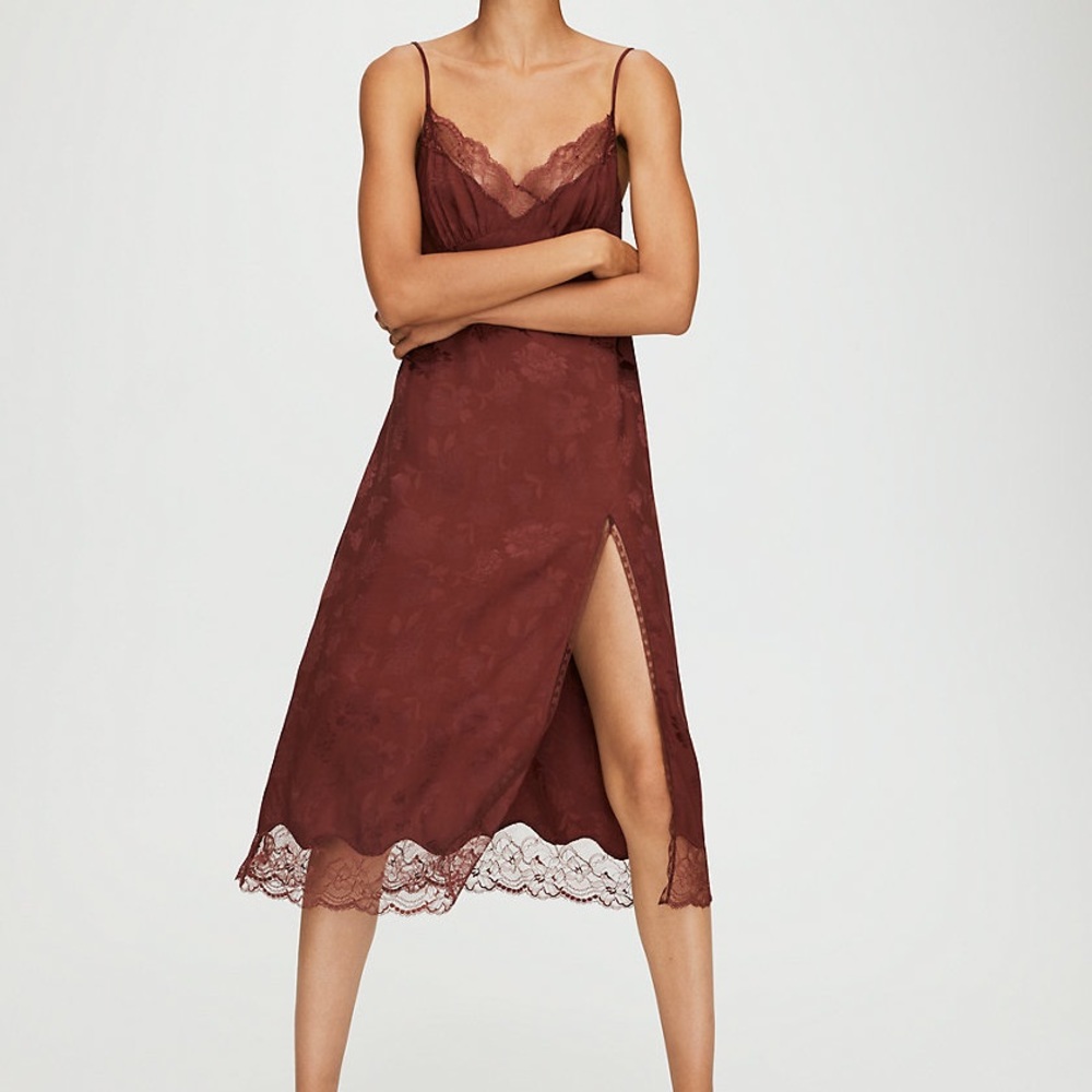 Aritzia Wilfred Ophelia rust midi dress high slit